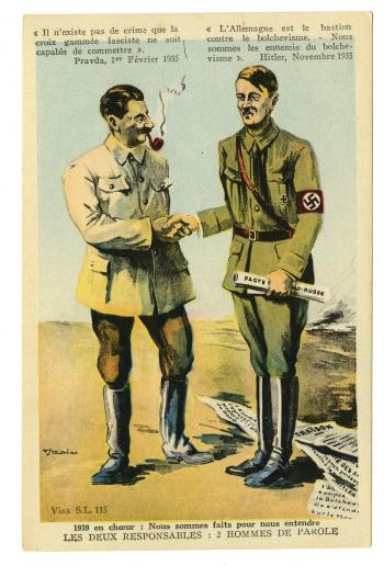 Carte postale "Les deux responsables, deux hommes de paroles" illustrée par Draim - Collection du © CHRD, fonds Bernard Le Marec, N° Inv. Ar 2077-16