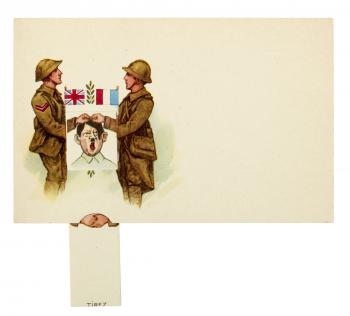 Carte postale à tirette "Deux soldats tirant la tête d'Hitler" - Collection du CHRD, fonds Bernard le Marec, N° Inv. 2077 © Pierre Verrier