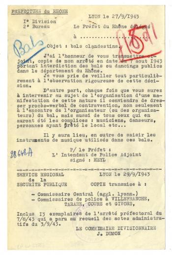 Note de la Préfecture du Rhône au sujet des bals clandestins, 27 septembre 1943 - © Collection des Archives départementales du Rhône, Lyon, N° Inv. 3857w43