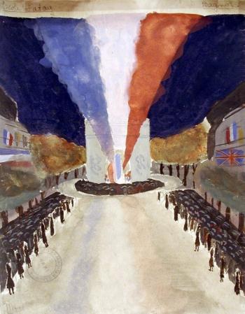 Dessin "Cérémonie à l’Arc de Triomphe le 11 novembre 1938" par Bagnol - © Collection du MUNAÉ, Musée national de l’Éducation, N° Inv. 1979.09400.2