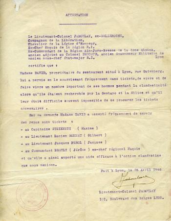 Attestation de soutien à la Résistance, 1946 © Photo et collection du CHRD, Ar. 1953