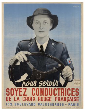 Affiche d'Aljanvic "Pour servir, soyez conductrices de la Croix-Rouge française" © Photo Pierre Verrier - Collection du CHRD, A 391