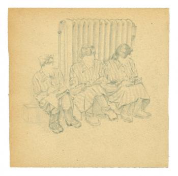 Jeannette L’Herminier (1907-2007), Pause de nuit : Bohémienne, Marie de Robien, Henriette Fermet notant la recette de la langouste Thermidor, crayon graphite sur papier, 1944-1945