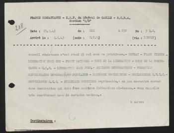 Câble de Rex annonçant la réunion du CNR, 29 mai 1943