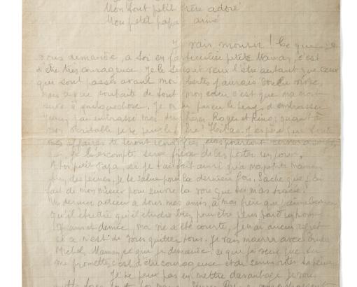 Dernière lettre de Guy Môquet, écrite au camp de Châteaubriant le 22 octobre 1941 - Collection du Musée de la Résistance nationale de Champigny-sur-Marne, fonds Saffray-Môquet © Pierre Verrier