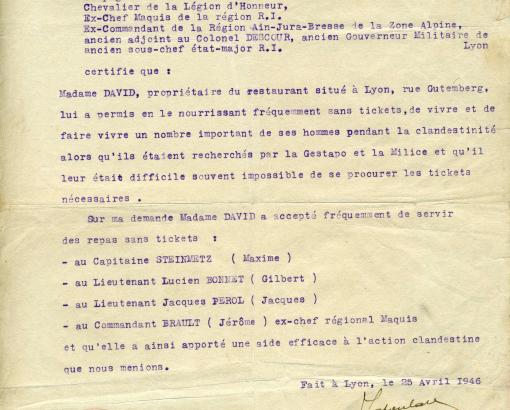 Attestation de soutien à la Résistance, 1946 © Photo et collection du CHRD, Ar. 1953