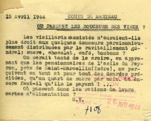 Tract "Où passent les douceurs des vieux ?" diffusé le 15 avril 1944 © Photo et collection du CHRD, Ar. 1926
