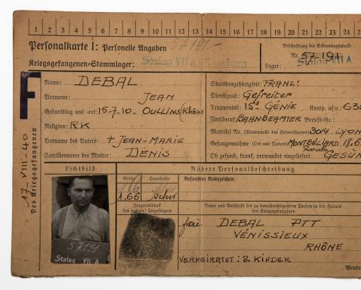 Personalkarte du prisonnier de guerre Jean Debal, matricule 57-191 au Stalag VII A de Moosburg © Photo Pierre Verrier - Collection du CHRD, Ar. 1365