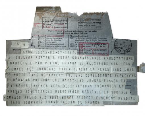 Télégramme du grand rabbin Schwartz au pasteur Boegner, 27 janvier 1943 © Photo Pierre Verrier - collection du CHRD, Ar. 538