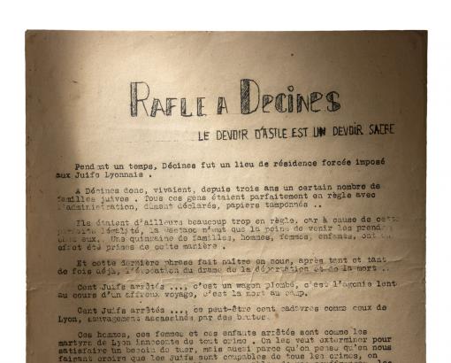 Tract "Rafle à Décines" © Photo Pierre Verrier - Collection du CHRD, Ar. 135