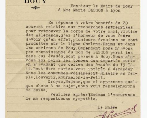 Lettre adressée à Marie Besson dans le cadre de ses démarches pour retrouver le corps de son mari