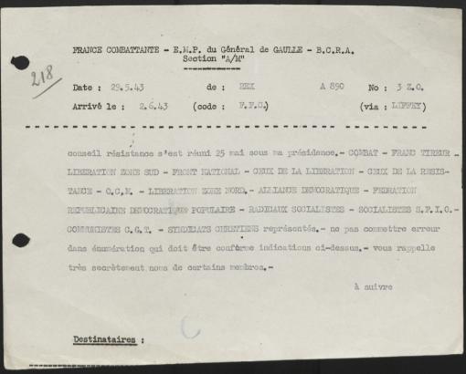 Câble de Rex annonçant la réunion du CNR, 29 mai 1943