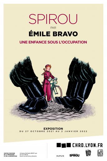 Affiche de l'exposition "Spirou par Émile Bravo. Une enfance sous l'Occupation" présentée au CHRD du 27 octobre au 2 janvier 2022