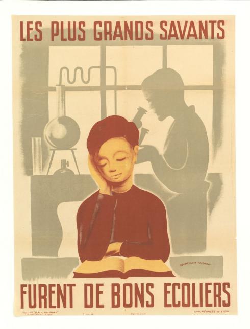 Les plus grands savants furent de bons écoliers, affiche de l'atelier Alain Founier © Photo Blaise Adilon - Collection du CHRD, A. 334 