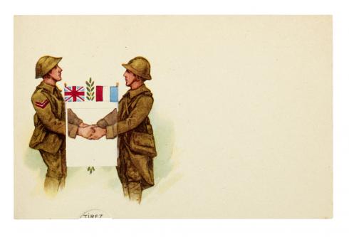 Carte postale à tirette "Deux soldats franco-anglais" - Collection du CHRD, fonds Bernard le Marec, N° Inv. 2077 © Pierre Verrier