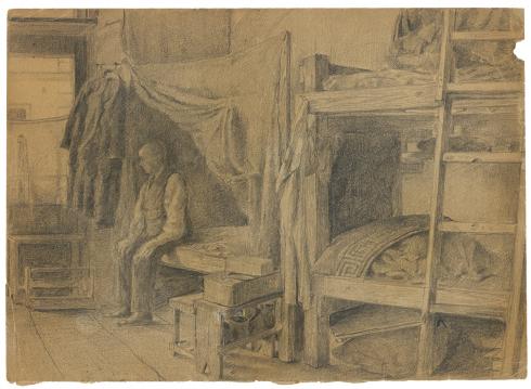 "Homme assis dans une chambrée" par Arthur Goldschmidt, 1942-1945 - Collection du CHRD, fonds Georges-Arthur Goldschmidt, N° Inv. Ar. 1626-66 © Pierre Verrier