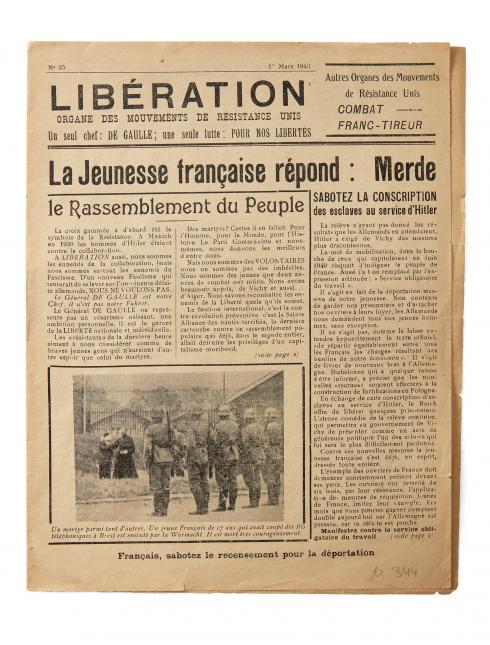 Journal libération "La jeunesse répond merde", 1943 - Collections du CHRD, N° Inv. Ar. 344 © Pierre Verrier