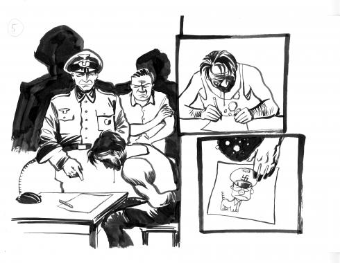Reinhard Kleist, Arrestation de Jean Moulin, encre sur papier, 2013 © CHRD Lyon - Reinhard Kleist