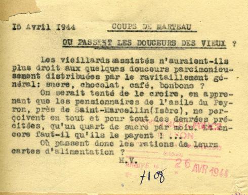 Tract "Où passent les douceurs des vieux ?" diffusé le 15 avril 1944 © Photo et collection du CHRD, Ar. 1926
