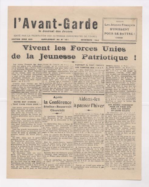 "Vivent les forces Unies de la Jeunesse Patriotique !" Une de l'Avant-Garde, décembre 1943 © Photo et collection du CHRD, Ar. 1258