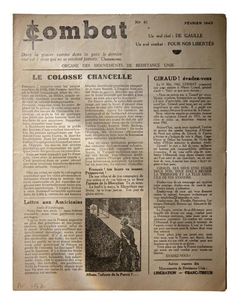 Journal "Combat" n° 41 de février 1943 © Photo Pierre Verrier - Collection du CHRD, Ar. 152