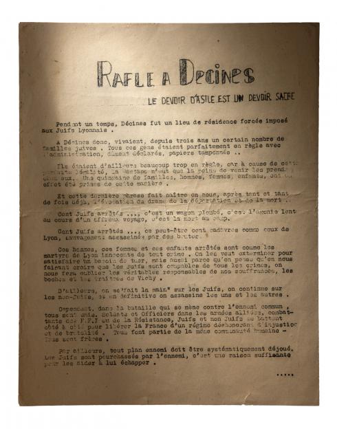 Tract "Rafle à Décines" © Photo Pierre Verrier - Collection du CHRD, Ar. 135