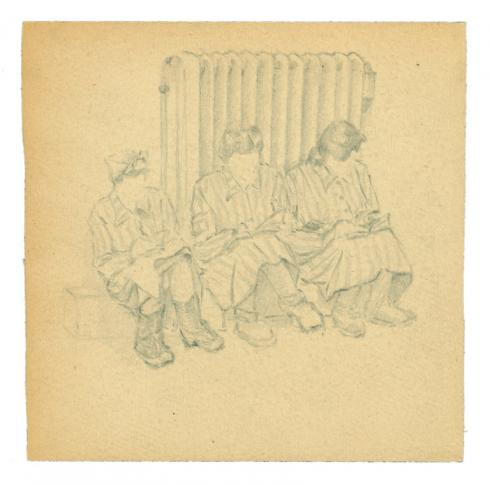 Jeannette L’Herminier (1907-2007), Pause de nuit : Bohémienne, Marie de Robien, Henriette Fermet notant la recette de la langouste Thermidor, crayon graphite sur papier, 1944-1945