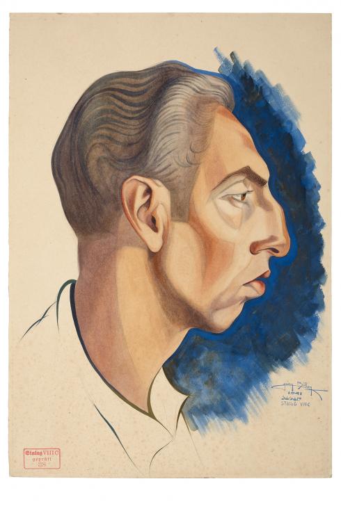 Jean Billon, prisonnier de guerre, Matricule 41.237, Arménie, naturalisé français, foureur, 1941, Gouache sur papier portant tampon du stalag VIIIC (Sagan, Pologne) © Photo Pierre Verrier - Collection du CHRD, Ar. 1196-8