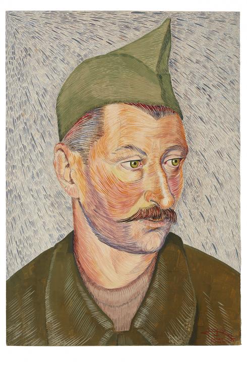  Jean Billon, prisonnier de guerre, Matricule 31.447, Savoie, cultivateur, 1941, Gouache sur papier portant tampon du stalag VIIIC (Sagan, Pologne) © Photo Pierre Verrier - Collection du CHRD, Ar. 1196-9