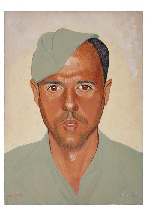 Jean Billon, prisonnier de guerre, Matricule 12729, Espagne, engagé volontaire, 1941, Gouache sur papier portant tampon du stalag VIIIC (Sagan, Pologne) © Photo Pierre Verrier - Collection du CHRD, Ar. 1196-21