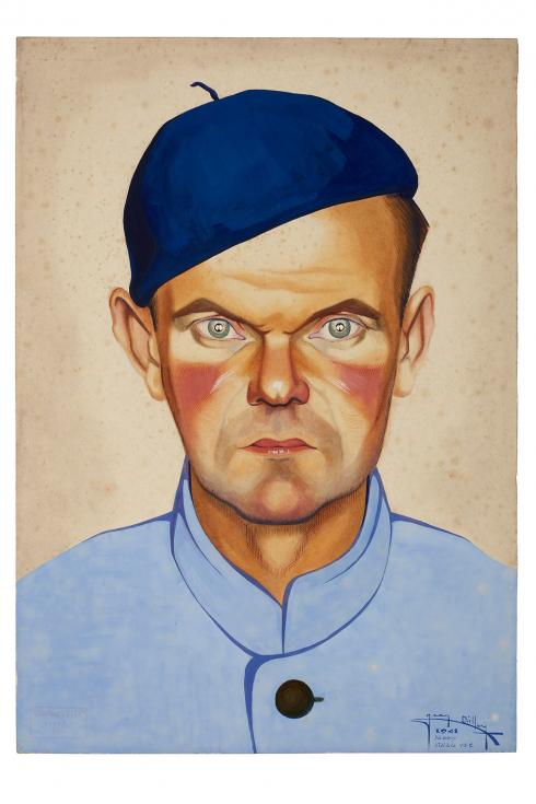 Jean Billon, prisonnier de guerre, Matricule 15.453, Bretagne, cultivateur, 1941, Gouache sur papier portant tampon du stalag VIIIC (Sagan, Pologne) © Photo Pierre Verrier - Collection du CHRD, Ar. 1196-24