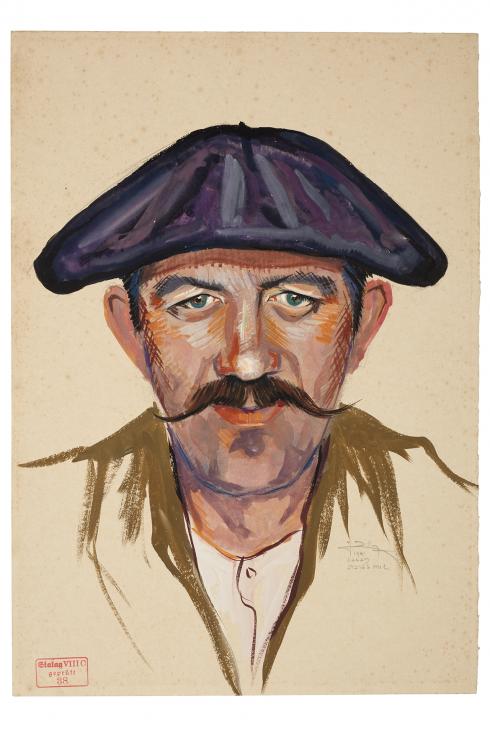 Jean Billon, prisonnier de guerre, Matricule 21.759, Côte basque, cultivateur, 1941, Gouache sur papier portant tampon du stalag VIIIC (Sagan, Pologne) © Photo Pierre Verrier - Collection du CHRD, Ar. 1196-39