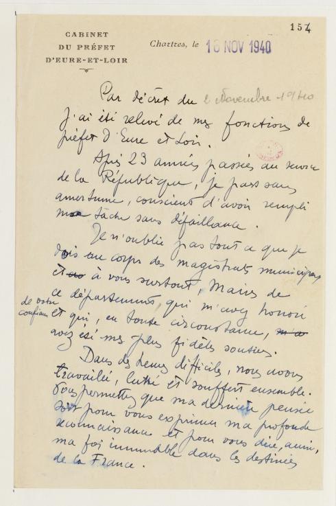 Adieux de Jean Moulin au département d’Eure-et-Loir, 16 novembre 1940