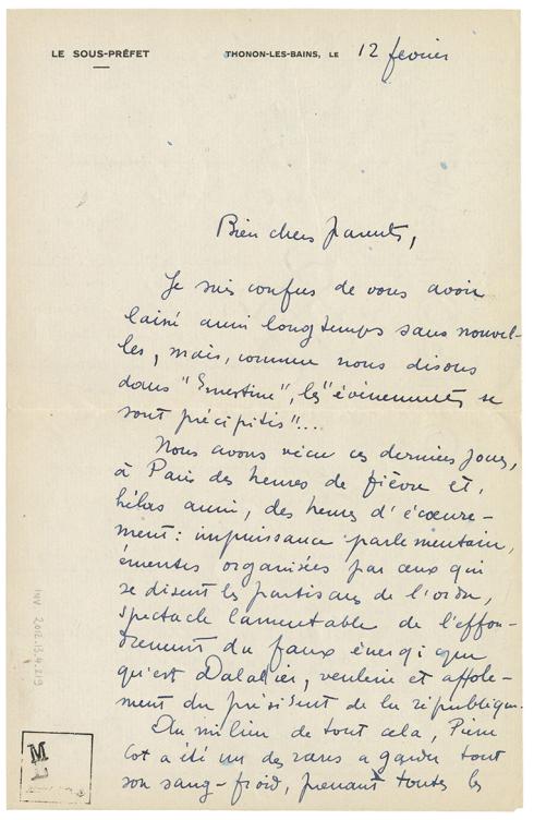 Lettre à ses parents, 12 février 1934