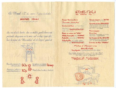 Menu de réveillon réalisé au Stalag VIII C réalisé par Jean Billon 
