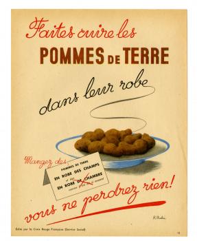 Affichette "Faites cuire les pommes de terre dans leur robe"' du Service social de la Croix-Rouge française, illustrées par R. Roche - Collection © Bernard Le Marec