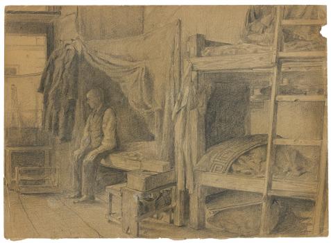 "Homme assis dans une chambrée" par Arthur Goldschmidt, 1942-1945 - Collection du CHRD, fonds Georges-Arthur Goldschmidt, N° Inv. Ar. 1626-66 © Pierre Verrier