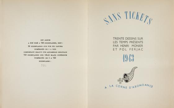 Couverture de "Sans Tickets" – Trente dessins sur les temps présents, par Pol Ferjac et Henri Monier, La corne d’abondance, 1943 - Collection Grenard © Pierre Verrier