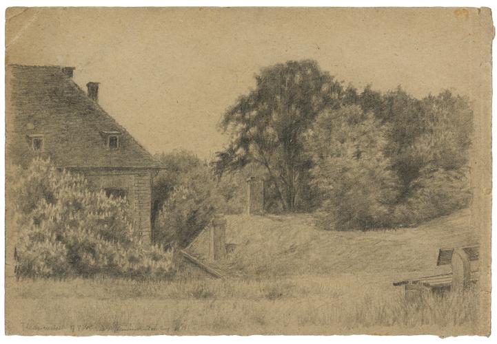  "Jardin avec bancs et maison" par Arthur Goldschmidt, 1945 - Collection du CHRD, fonds Georges-Arthur Goldschmidt, N° Inv. Ar. 1626-60 © Pierre Verrier