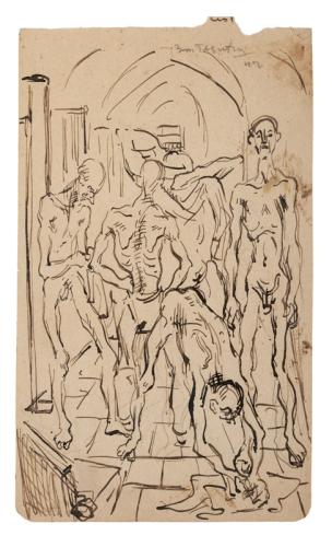 Dessin "Pesée matinale des internés de la prison de Riom" de Boris Taslitzky, 1942 - Collection du Musée de la Résistance nationale de Champigny-sur-Marne © Pierre Verrier