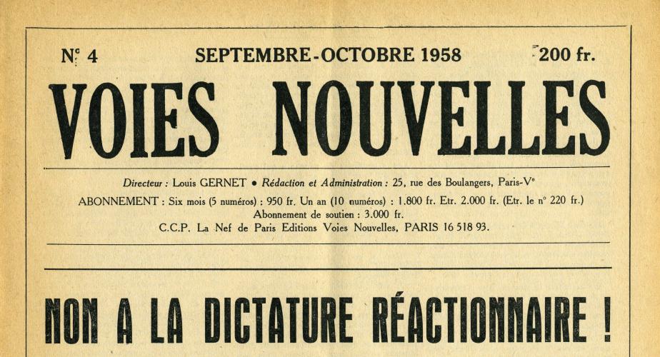 Journal "Voies Nouvelles" N° 4, septembre-octobre 1958 © Collection privée, Droits Réservés