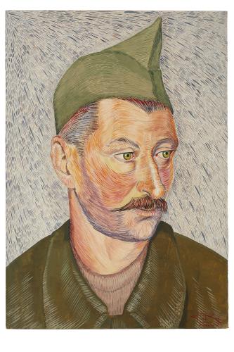  Jean Billon, prisonnier de guerre, Matricule 31.447, Savoie, cultivateur, 1941, Gouache sur papier portant tampon du stalag VIIIC (Sagan, Pologne) © Photo Pierre Verrier - Collection du CHRD, Ar. 1196-9