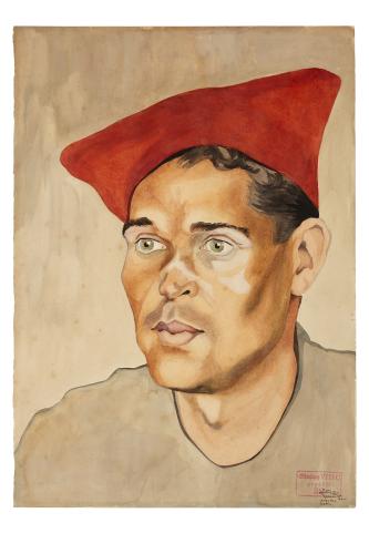 Jean Billon, prisonnier de guerre, Matricule 25.306, Ile-de-France, blessé de la face, 1941, Gouache sur papier portant tampon du stalag VIIIC (Sagan, Pologne) © Photo Pierre Verrier - Collection du CHRD, Ar. 1196-57