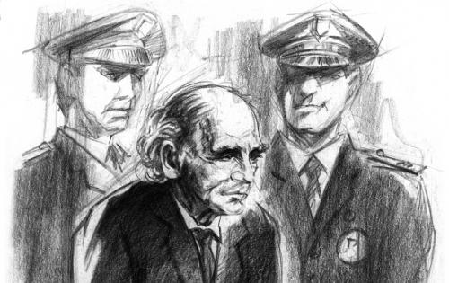 René Diaz, croquis de l'arrivée de Klaus Barbie à son procès © René Diaz - Droits réservés